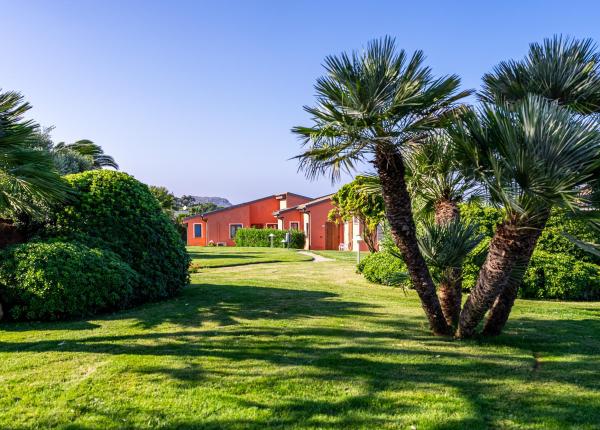 Red house with green garden and palm trees under blue sky.